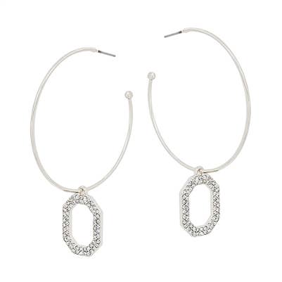 Silver Hoop with Rhinestone Hexagon 2" Earring