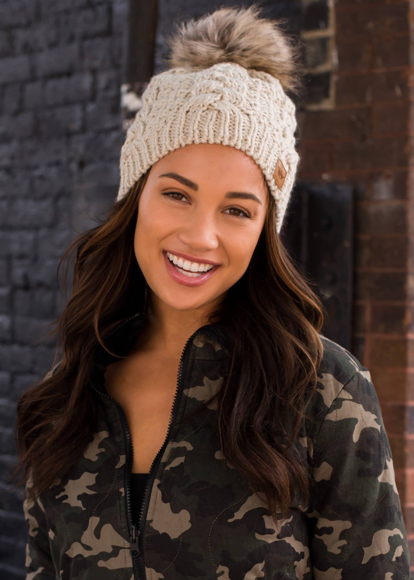 Beige Cable Knit Pom Hat