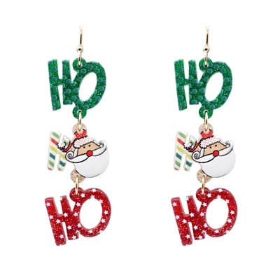 Green, White, and Red "Ho, Ho, Ho" Acrylic 2" Earring