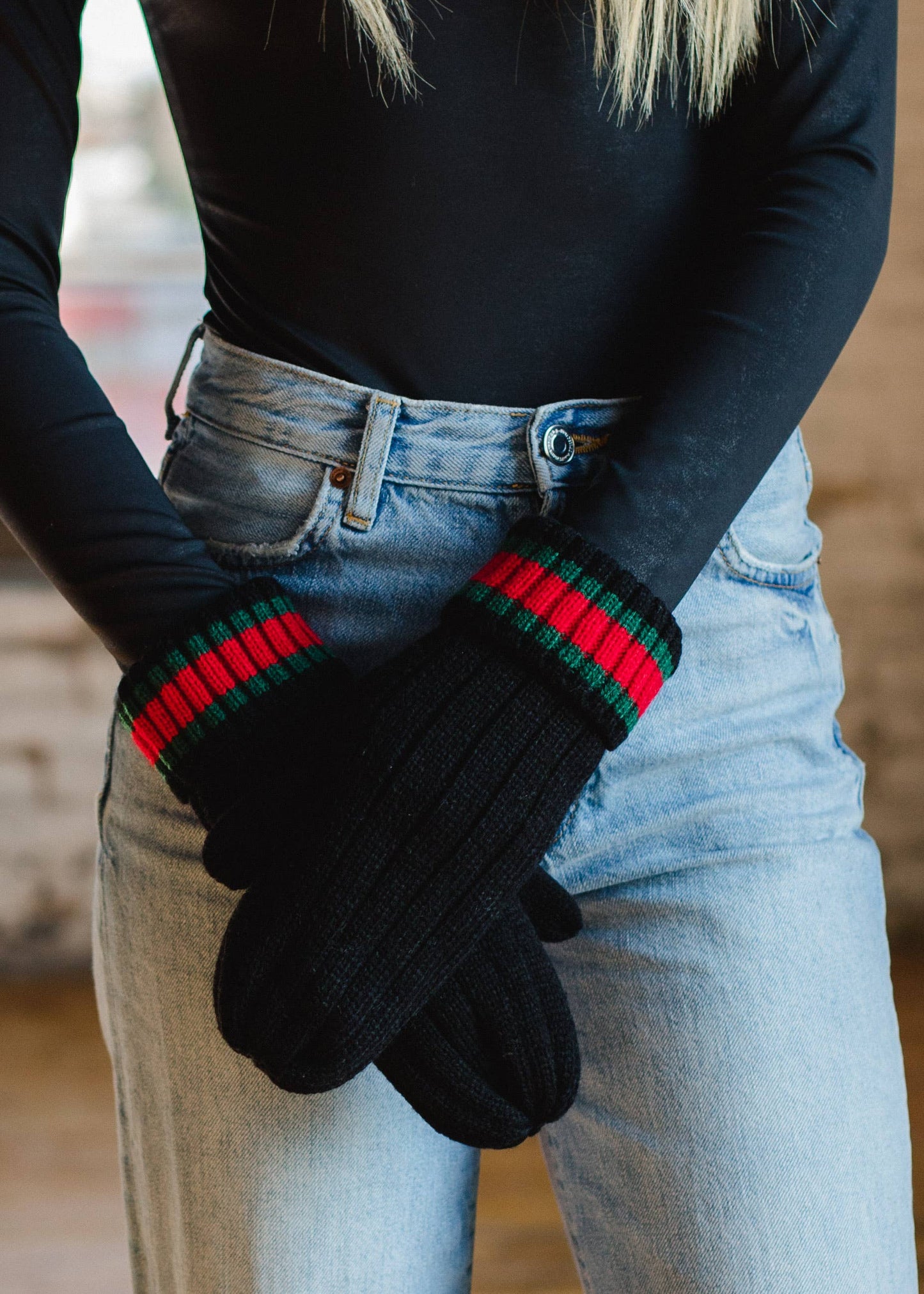 Black Striped Knit Mittens