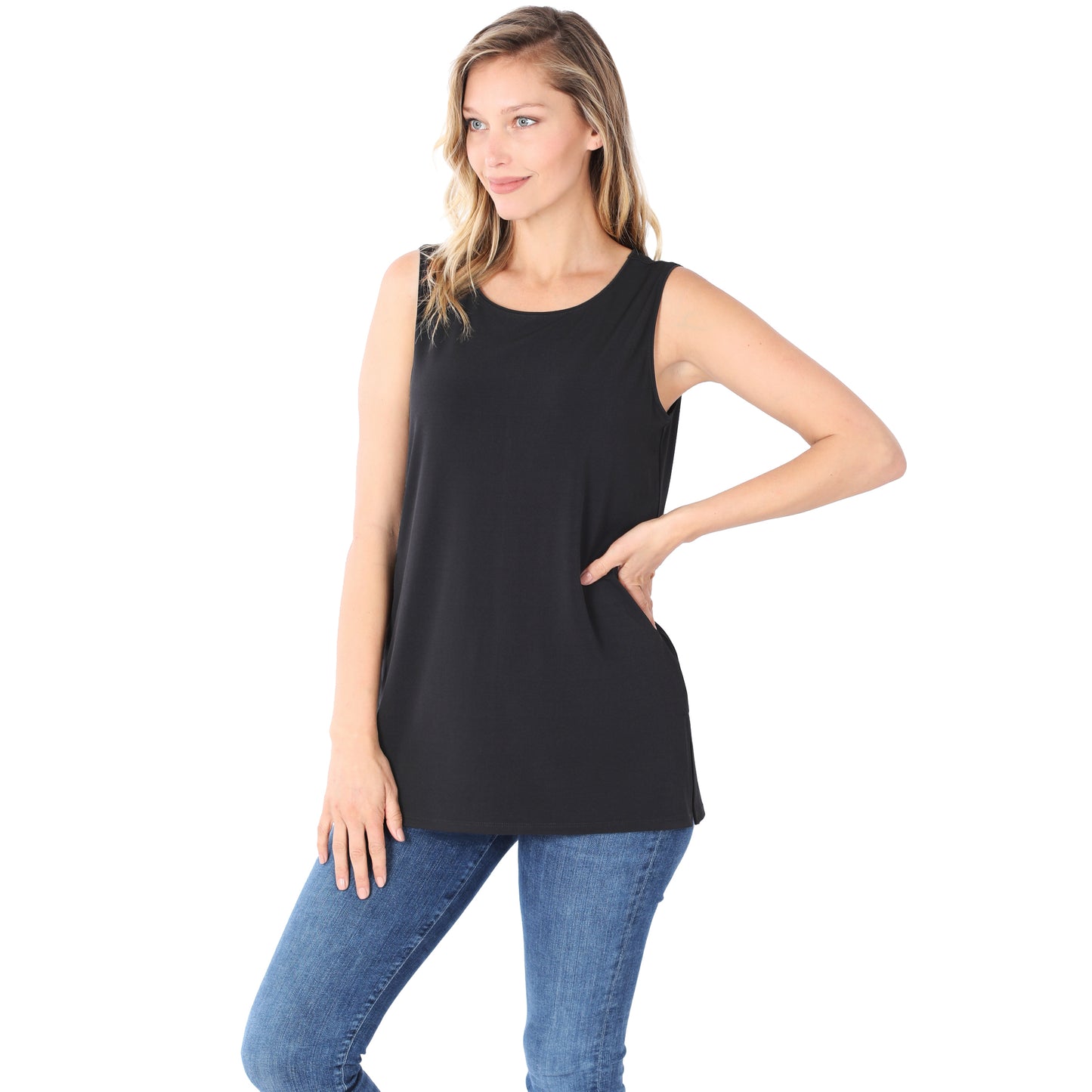 Round Neck Sleeveless Side Slit Top - Black