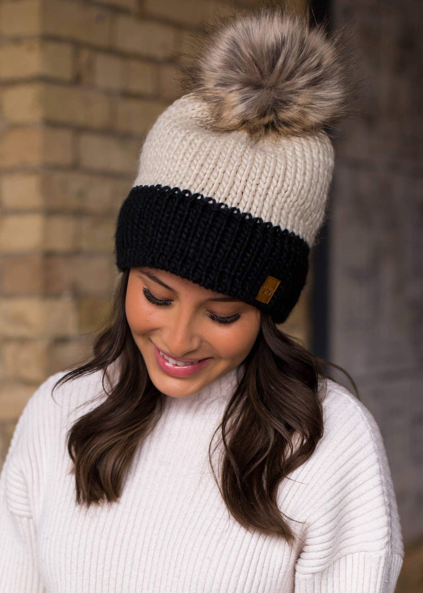 Black + Beige Color Block Pom Hat